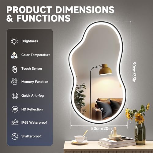 Hasipu Irregular Bathroom Mirror with Lights - 35"x20" LED Asymmetrical Mirror,Anti-Fog, Dimmable, Memory for Bathroom, Bedroom,Wall Mounted Home Decor Vertical/Horizontal - color: Black, size: 35.4"L x 19.7"W