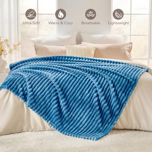 Blue Striped Throw Blanket, 330GSM Soft Plush Fleece Blanket for Couch Sofa Travel, Decorative Cozy Giftable Home Blanket, 50x60 Inches - color: Blue, size: Throw(50"x60")