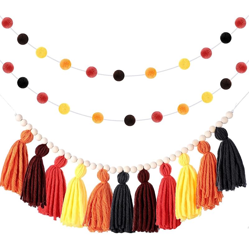 3PCS/Set Boho Tassel Garland,BetterJonny Boho Tassel Garland Wall Hanging Decor Pastel Banner with Wood Beads and 2Pcs Pom Pom Felt Ball for Home and Outdoor Decor - color: Style -2