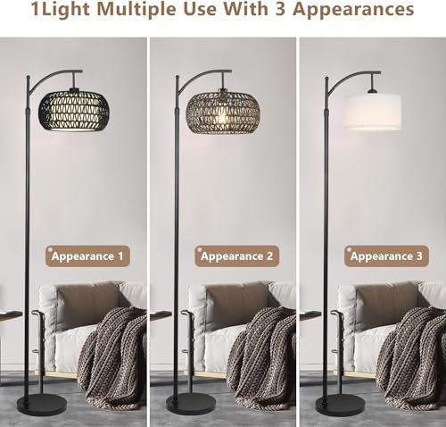 ZECOXOL Arc Floor Lamp with 3 Color Temperatures,Black Floor Lamp with Remote Control, Boho Standing Lamp with Rattan Wicker Shades, Farmhouse Tall Pole Lamp for Living Room Bedroom - color: black-Straight, size: 12.2 inch