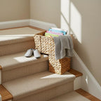 Household Essentials Wicker Stair Basket with Handles, Handwoven Water Hyacinth, Sits on Two Stairs, Lightweight, Natural - style: Water Hyacinth