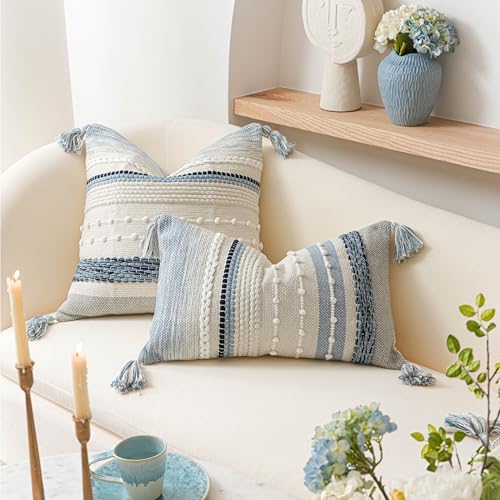 BlissBlush Coastal Blue Boho Decorative Throw Pillow Cover 18x18 Modern Bohemian Accent Pillow Case Square Woven Textured Farmhouse Pillows for Couch Bed (Pack of 1) - color: Coastal Blue, size: 18" x 18" (Pack of 1)