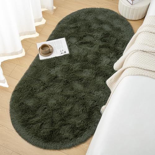 Goideal Fluffy Bedroom Rug, Small Oval Area Rugs, Olive Green Shag Bedside Carpet for Kids Room Nursery Dorm Cute Fuzzy Indoor Decor for Boy and Girl, 2.6 x 5.3 Feet - color: Olive Green