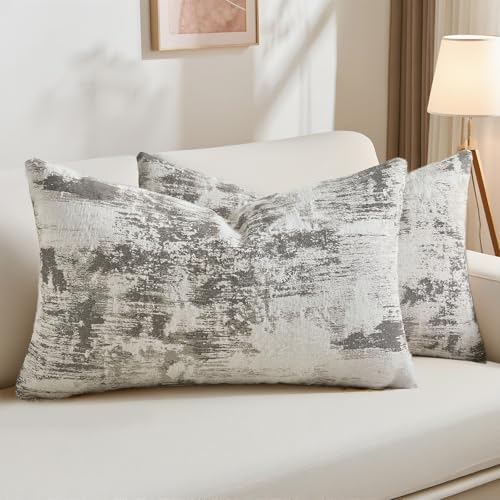 HAUSSY 2 Pack Lumbar Throw Pillow Covers 12x20 Inch,Faux Cashmere Jacquard Decorative Patten Furry Pillowcases Textured & Soft Cushion Covers for Couch Bed Room Home Decor,Black White(Covers Only) - color: Black White, size: 20" x 12" (Pack of 2)