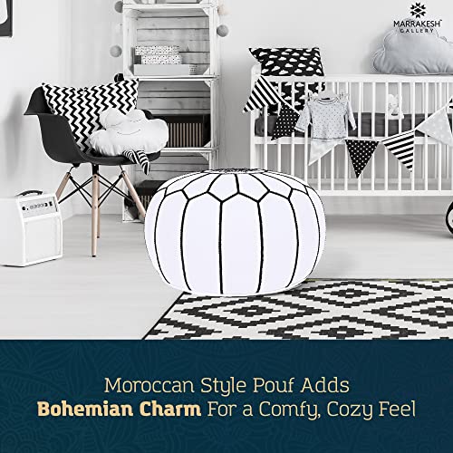 Marrakesh Gallery Genuine Leather Round Pouf Unstuffed - Moroccan Ottoman Footstool, Footrest Cover - Boho Decor - Bohemian Living Room, Bedroom, Kids Room, Gift & Wedding - color: White By Black