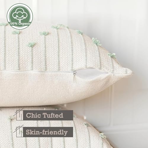 ZONYO Boho Throw Pillow Covers 20x20 Set of 2, Outdoor Textured Woven Cotton Decorative Cushion Covers with Fringe Tassel, Fade Resistant Washable for Couch Sofa Bed Patio Chair, Sage Green - color: Green, size: 20" x 20" (Pack of 2)
