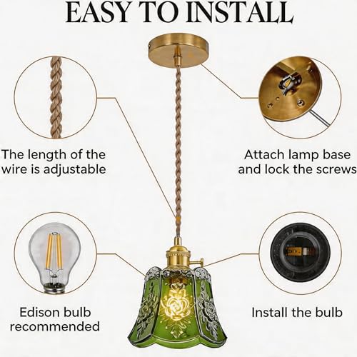 Green Wind Chime Glass Pendant Light, 1 Natural Light Bulb Included, Adjustable Cord with Switch, Hanging Lamp for Kitchen Island/Dining Room - color: Green 1pc Flower Pendant Light