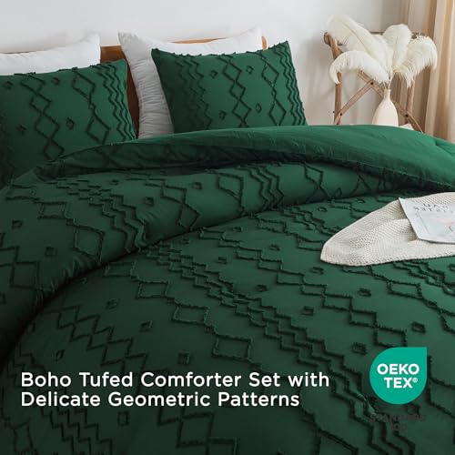 Andency King Size Comforter Set, 3 Pieces Dark Emerald Green Boho Tufted Geometric Shabby Chic Bedding, Soft Fluffy Farmhouse Bed Set, Jacquard Textured Comforter for All Season (104x90 Inch) - color: 02 - Emerald, size: King(104"x90")