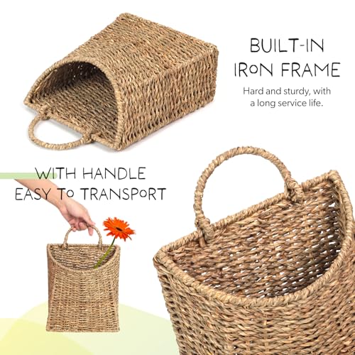 Woven Hanging Seagrass Baskets, Hanging Wall Wicker Basket, Handmade Organizer Baskets, Hanging Flower Basket for Shelves, Walls, Doors, Balconies, Front of House, Garden,... - color: Dark Brown