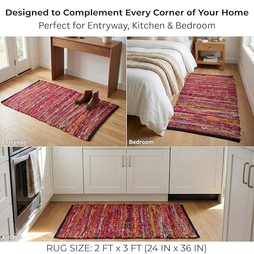 Cotton Hand Woven Area Rug 2x3 Feet - Multi, Colorful Durable Small Bohemian Decorative Rag Rugs Ideal for Entryway, Kitchen, Bedroom | Red Farmhouse Reversible Soft Door Way Floor Mat for Balcony - color: Multi Cotton, size: 2 x 3 feet