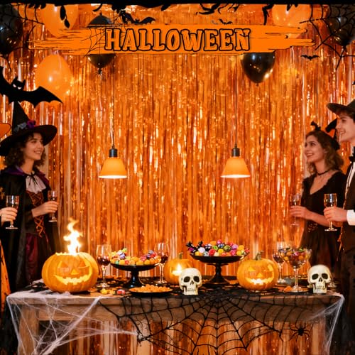 Crosize 2 Pack Foil Fringe Curtains Party Decorations, Orange Tinsel Curtain Backdrop for Parties, Door Streamers, Glitter Streamer Fringe Backdrop for Birthday Decoration - color: Orange, size: 2 Pack