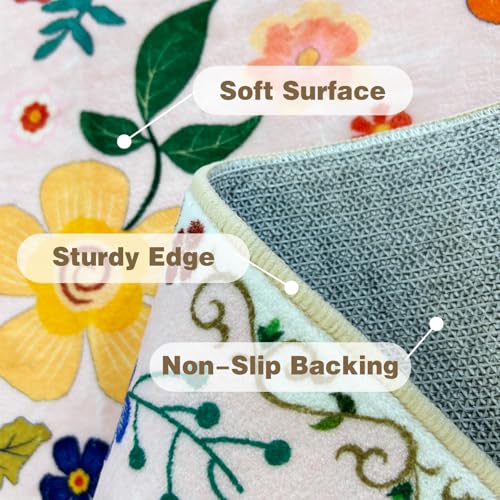2x3 Feet Floral Area Rug Non-Slip Low Pile Soft Washable Pink Rug for Girls' Rooms, Bedroom, Entryway, Kitchen – Lightweight Easy Clean Modern Decorative Carpet - color: Floral, size: 2'x3'