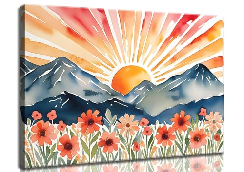 Boho Sun Canvas Wall art Mid-Century Modern Abstract Bohemian Sunset in The Mountains Watercolor Wildflowers Sunrise Landscape Picture Wall Decor Poster Print Artwork for Living Room Bedroom - size: 24"L x 16"W