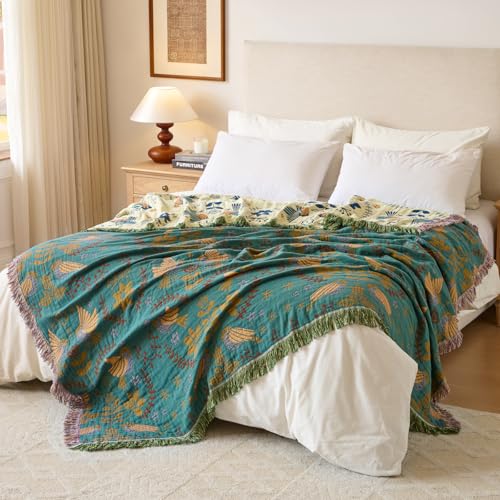 Boho Throw Blanket, Patterned Bohemian Blanket 100% Soft Cotton Woven Boho Quilt, Reversible Throw Blankets for Couch Bed, Decorative Lightweight Blanket for All Seasons (Spring Blue, Twin 60"x80") - size: Twin 60"x80"