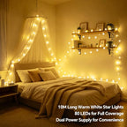 33Ft 80LED Star String Lights Battery and USB Operated, Warm White Star Fairy String Lights,Waterproof for Home Indoor Bedroom Wedding Room Dorm Wall Window Tent LoftBed Patio Party Decor