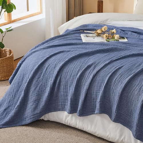 EMME Cotton Muslin Throw Blanket for Couch Breathable Gauze Soft Lightweight Blankets for Adults (Heather Navy, 50"x60") - color: 02 - Navy, size: Throw (50" X 60")