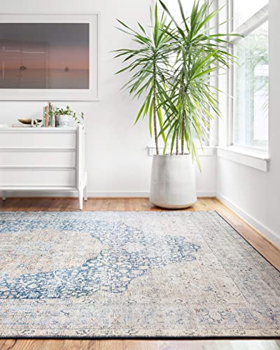 Loloi Layla Collection LAY-07 Blue/Tangerine 2'-3" x 3'-9" .13" Thick Accent Rug, Soft, Durable, Vintage Inspired, Distressed, Low Pile, Non-Shedding, Easy Clean, Printed, Living Room Rug - color: Blue / Tangerine, size: 2'3" x 3'9" (Rectangular)