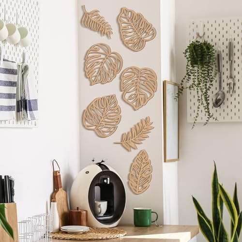 Namalu 7 Pcs Tropical Wall Decor Jungle Monstera Wall Art Boho Palm Leaf Wooden Decoration Tropical Nursery Decor Vintage Natural Monstera Leaf Plaque for Farmhouse Kitchen Bedroom Garden(Wood Color) - color: Wood Color