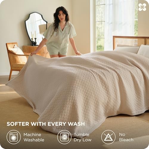 Bedsure 100% Cotton Muslin Blanket 8-Layer Queen, Breathable & Substantial Oeko TEX Gauze Bedding, PureWoven All-Season Moisture-Wicking Comfort, Softens After Wash, Linen Beige, 90"x90" - color: Linen Beige, size: Queen