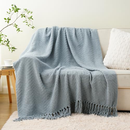BATTILO HOME Blue Grey Throw Blanket for Couch, Chenille Knit Throw Blankets, Super Soft Dusty Blue Throw Blanket with Tassels for Bed,Sofa and Living Room,50" x 60" - color: Bluish Grey, size: 50"x60"