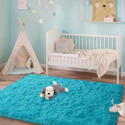 Mugorn 3x5 Rugs for Bedroom, Fluffy Area Rugs for Living Room, Soft Shag Kids Rug Small Carpet with 4 Non-Slip Rug Pads (Turquoise Blue, 3ft x 5ft) - color: Turquoise Blue, size: 3ft X 5ft