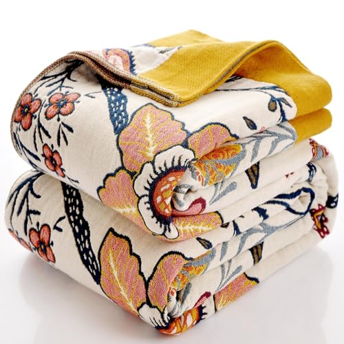 Boho Throw Blanket for Bed 100% Cotton Ultra Soft Rustic Quilt Fall Blanket Bird Floral Printed Farmhouse Decor Bed Blankets,80"×90" All Season Rustic Throw for Sofa Couch Chair - color: Blue Leaves, size: 80x90 Inch