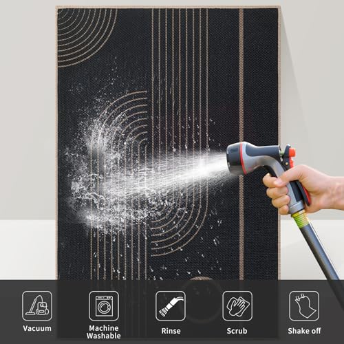 Tangsoo Easy Jute Rug 2x4 Small Rugs for Entryway,Washable Thin Outdoor Door Mat,Black Round Rainbow Non-Slip Indoor Floor Small Throw Carpet for Entrance Kitchen Hallway Bedroom Front Porch - color: Black Geometry, size: 2x4ft