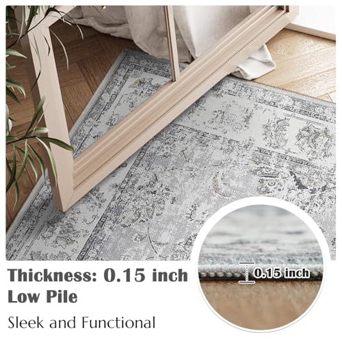 jinchan Fiora Floral Area Rug 3x5, Distressed Vintage Floral Washable Rug with Low-Pile Surface and Non-Slip Backing, for Bedroom Nursery Reading Corner Home Office and Small Living Spaces, Grey - color: Distressed Grey, size: 3' x 5' (Light Weight)