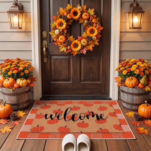 Moucuny 2 Pcs Fall Doormat Pumpkin Welcome Door Mat Outdoor Autumn Non Slip Coir Front Door Mat Orange and White Plaid Checked Rug for Fall Thanksgiving Indoor Outdoor Porch Entrance Layering Decor - style: Pumpkin