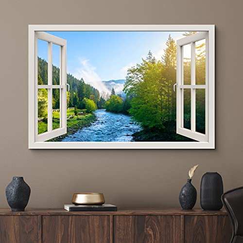 wall26 Canvas Print Wall Art Window View River Rapids Bright Green Forest Trees Wilderness Nature Photography Realism Scenic Landscape Colorful Multicolor for Living Room, Bedroom, Office - 12"x18" - color: A34-2204-est13, size: 18"L x 12"W