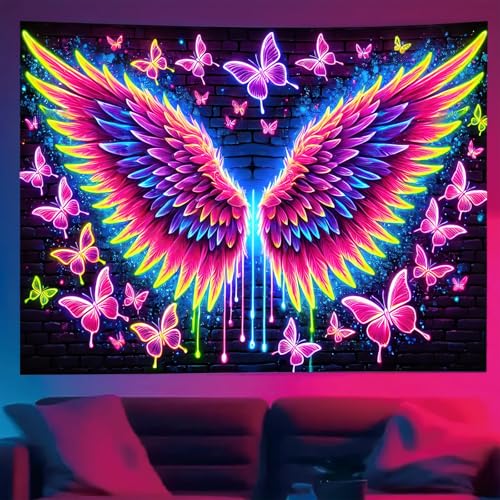 Starlit Patio Blacklight Angel Wings Tapestry UV Reactive Glow in The Dark Butterflies Wall Hanging Trippy Fluorescent Neon Art Poster for Bedroom Living Room Dorm Aesthetic Decor 78 x 59 Inches - color: Angel Wings