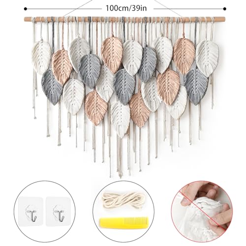 Alynsehom Large Macrame Wall Hanging, Boho Woven Tapestry, Chic Modern Bohemian Handmade Leaf Feather Wall Art Home Decor for Apartment Dorm Living Room Bedroom Nursery Backdrop (39" W X 29.5" L) - color: Pink Beige-39"W x 29.5"L