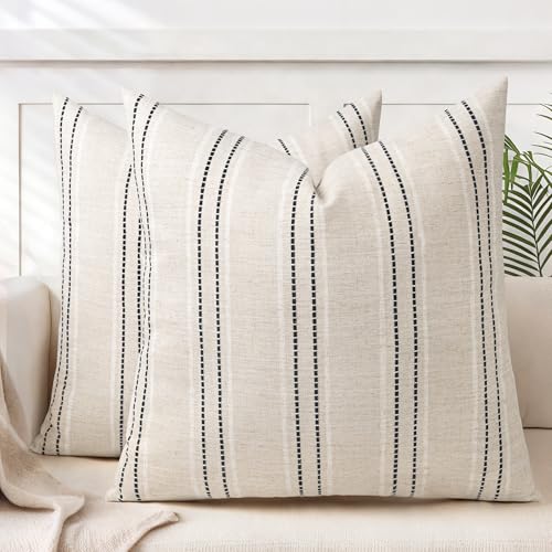 AELS 26x26 Decorative Farmhouse Linen Throw Pillow Covers, Boho Textured Pillow Case, Set of 2, Beige with White & Black Stitch Yarn Dyed Stripe Cushion Cover for Sofa Couch Living Room (Cover ONLY) - color: Beige With White & Black, size: 26" x 26" (Pack