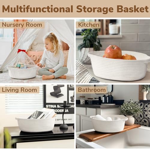 Goodpick White Baby Laundry Basket with Handles, Cute Cotton Rope Baskets for Toys, Small Basket for Organizing Gifts,Snacks,Woven Storage Baskets for Bathroom, 12"x 8" x 5" - color: White, size: 12x8x5 Inch (Pack of 1)
