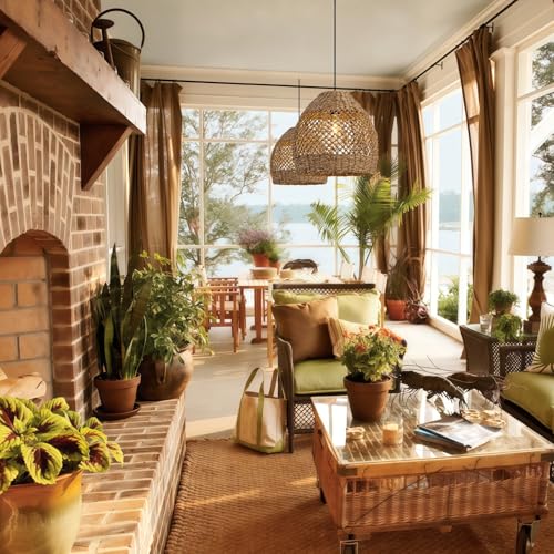 Boho Rattan Pendant Lights 13.8IN Farmhouse Dining Room Light Fixtures Hand-Woven Seagrass Chandelier Coastal Wicker Hanging Lighting for Kitchen Island Entry Living Room Bedroom Foyer Restaurant - color: Coffee-C