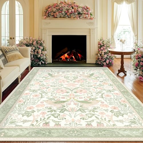 8'x10' Area Rugs Washable,Green Rug for Living Room Bedroom Dining Room,Large Boho Farmhouse Botanical Bohemian Distressed Oriental Carpet Non Slip,Sage Floral Bird - color: Green Floral Bird, size: 8'x10'