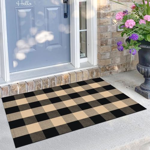 KILOCOCO Buffalo Plaid Checkered Rug - Door Mat Brown and Black Indoor Cotton Washable Front Door Rugs Layered Doormats for Front Porch Farmhouse Entryway Outdoor, 27.5x43 Inches - color: Brown and Black, size: 2'4" x 3'7" (Rectangular)