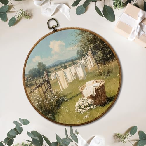 JUIOEIU Vintage Farmhouse Country Laundry Room Round Wall Decor, Cottagecore Laundry Day Framed Canvas Prints, Rustic Landscape Wall Art Hanging Decorations for Home Bedroom Living Room Decor, 10x10in - color: Laundry room01