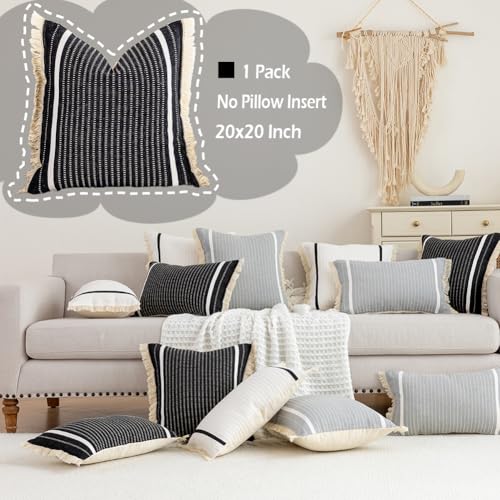 CARRIE HOME Farmhouse Black Boho Striped Pillow Covers 20x20 with Tassels 1 Pack, Black Decorative Accent Pillows for Couch Bed Decor, Boho Decorative 20 x 20 Textured Neutral Throw Pillow Covers - color: Black (With Tassels), size: 20" x 20" (Pack of 1)