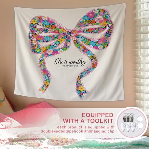 Lacama Coquette Bow Christian Tapestry, Cute She is Worthy Flower Tapestry Decorative for Teen Girls Room Bedroom College Dorm Apartment, College Dorm Decor, 50x60 Inches - color: She is worthy