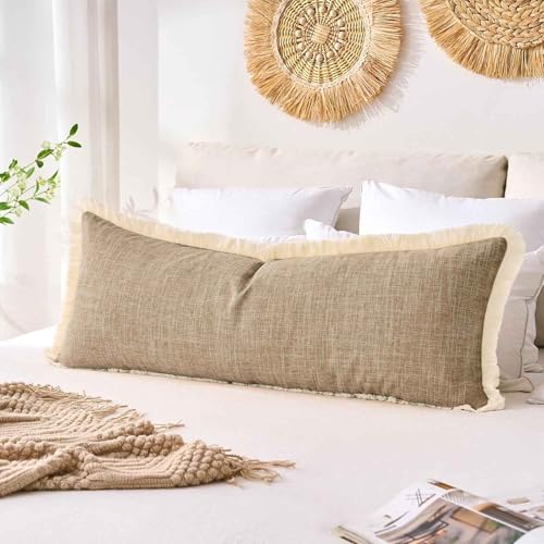 14x36 Pillow Covers Long Khaki Boho Faux Linen Decorative Fringed Rustic Woven Textured Burlap Lumbar Pillow Covers for Bed Sofa Bedroom Living Room Home Decor Cushion Cover Pack of 1 - color: Khaki, size: 36" x 14" (Pack of 1)
