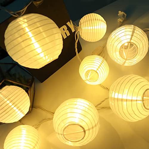 Vigdur White Lantern String Lights - Large and Small Hanging Nylon Lantern Lights Plug in for Indoor Bedroom Party Outdoor Patio Backyard Use,9.84FT - color: White Lantern - Large and Small