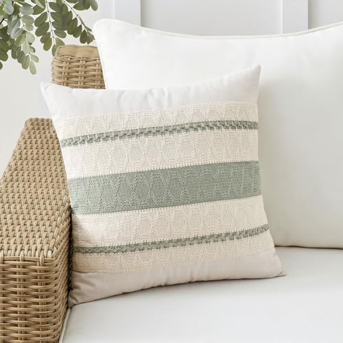 Fancy Homi Set of 2 Sage Green Boho Decorative Throw Pillow Covers 18x18 Inch for Living Room Bedroom Couch Bed Sofa Chair, Rustic Retro Cushion Case 45x45 cm, Bohemian Room Home Decor - color: Sage Green, size: 18" x 18" (Pack of 2)