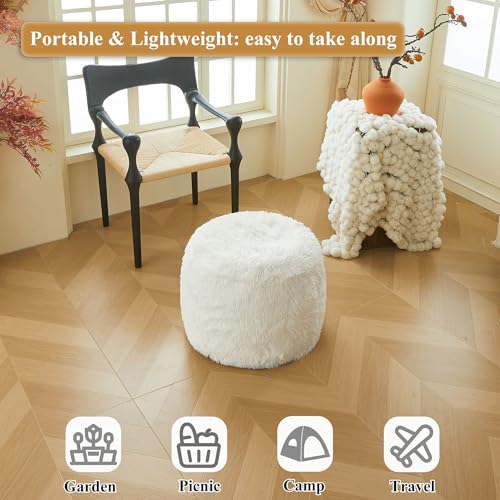 XeGe Fluffy Faux Fur Inflatable Pouf Ottoman, Soft Portable Shaggy Fuzzy Foot Stool Ivory, Plush Furry Foot Rest Floor Pouf Anti-Slip, Round Ottoman Cushion Living Room Bedroom Patio Dorm, Beige - color: Beige, size: 20"x20"x16"