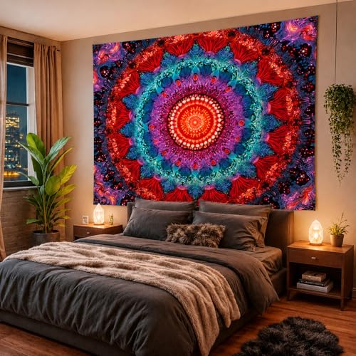 Manicer Blacklight Mandala Tapestry - UV Reactive Bohemian Red Blue Purple Floral Colorful Wall Hanging, Glow in the Dark Aesthetic Boho Wall Art Decor for Bedroom, Living Room, Dorm - 51.2" x 59.1" - color: Blue