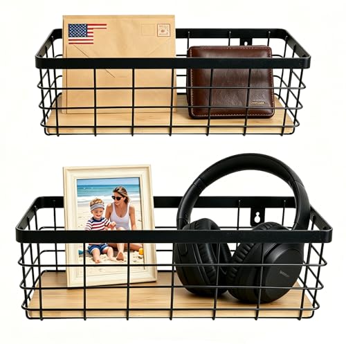 ShabbyDecor Metal Wire Basket Detachable Wood Base Storage Organizer Farmhouse Hanging Basket for Kitchen Cabinets, Bathroom, Pantry, Laundry Room Set of 2,Black Color - color: Black, size: Small&Medium