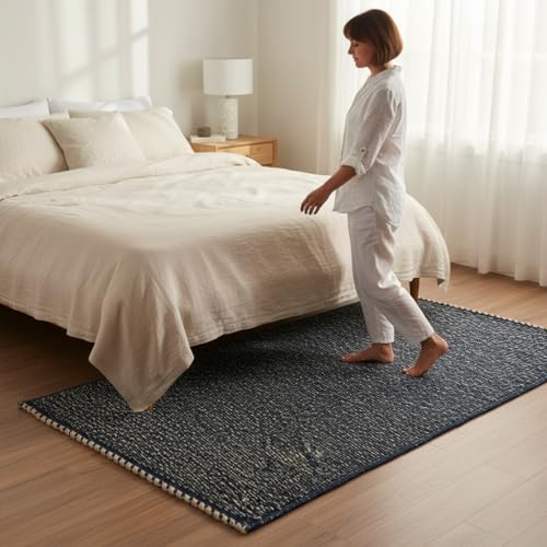 Navy 4X6 Jute Rug Braided Construction - Farmhouse Woven Carpet - Nautical Floor Covering for Bedroom Laundry Room, 4' x 6' - color: Navy, size: 4' x 6'