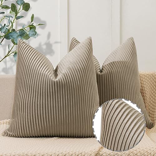 YCOLL Khaki Pillow Covers 18x18 Set of 2 Velvet Striped Pattern - Soft Throw Pillows for Home Decor, Luxury Decorative Pillow Covers for Couch, Bed,Living Room - color: Khaki, size: 18" x 18" (Pack of 2)