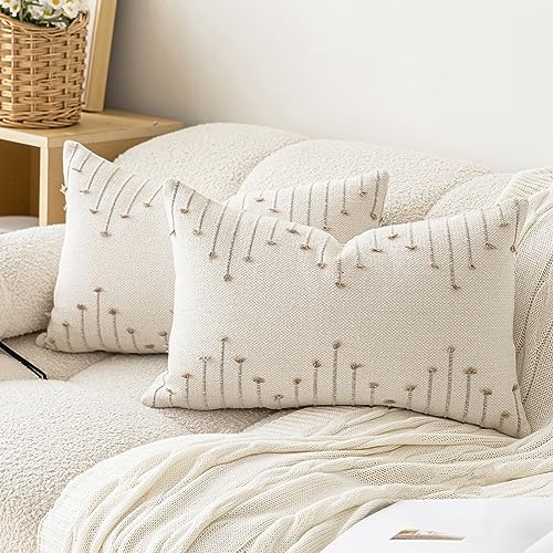 LILEPOY Boho Throw Pillow Covers 12x20 Set of 2 Neutral Decorative Textured Cushion Case Farmhouse Pillowcase Modern Lumbar Pillow Covers for Sofa,Couch, Living Room,Beige and Khaki - color: Beige and Khaki, size: 20" x 12" (Pack of 2)