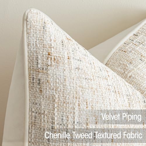 a moment Beige Reversible Pillow Covers 2 Pack - Farmhouse Chenille Velvet Throw Pillows, Neutral Textured Decorative Throw Pillow Covers with Border for Couch Sofa Bed (16x16 Inch, No Insert) - color: Beige, size: 16" x 16" (Pack of 2)